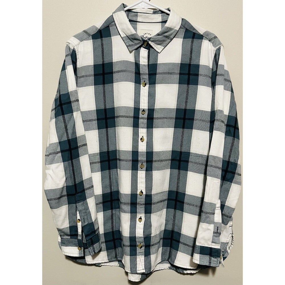 Jachs Girlfriend Women’s flannel shirt white, teal,& blue plaid pattern Size L